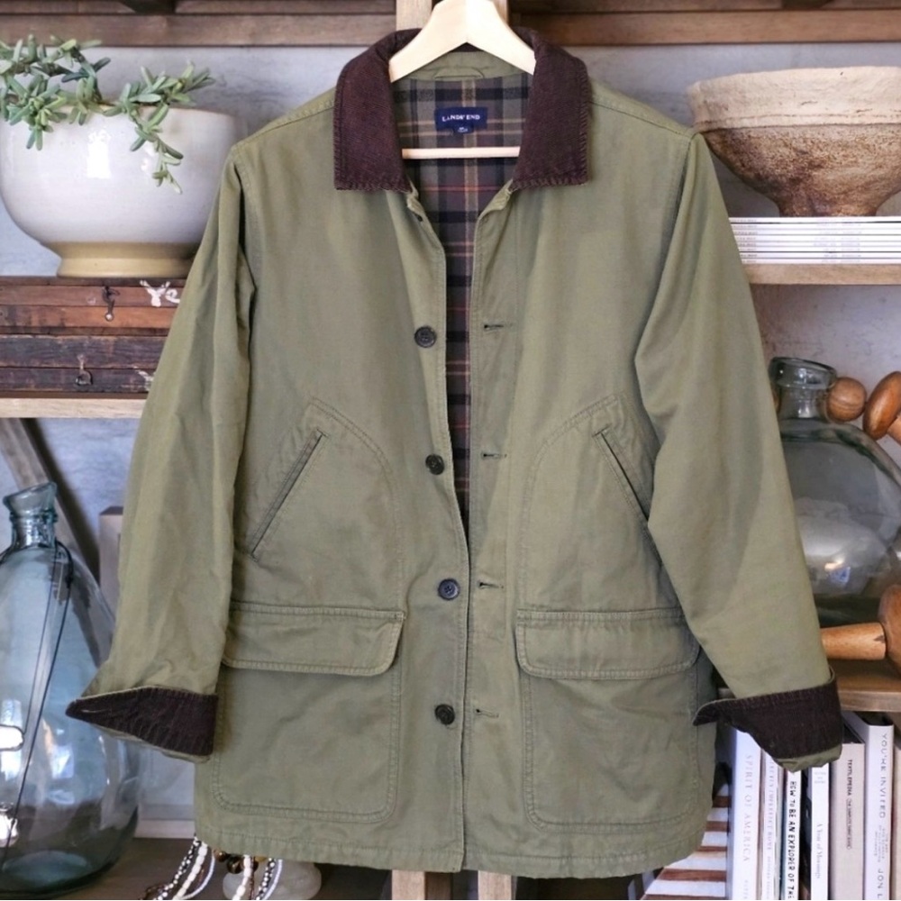 Lands’ End Olive Green Flannel-Lined Barn Jacket Brown Corduroy Collar Sz M